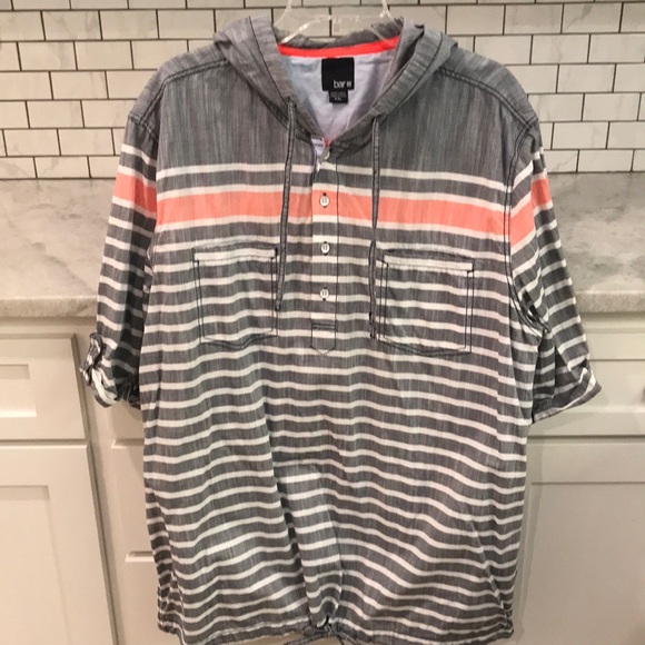 Bar lll Shirt Hoodie Mens XXL Gray and Orange Striped Hooded Pullover Beach Boho - Picture 1 of 6